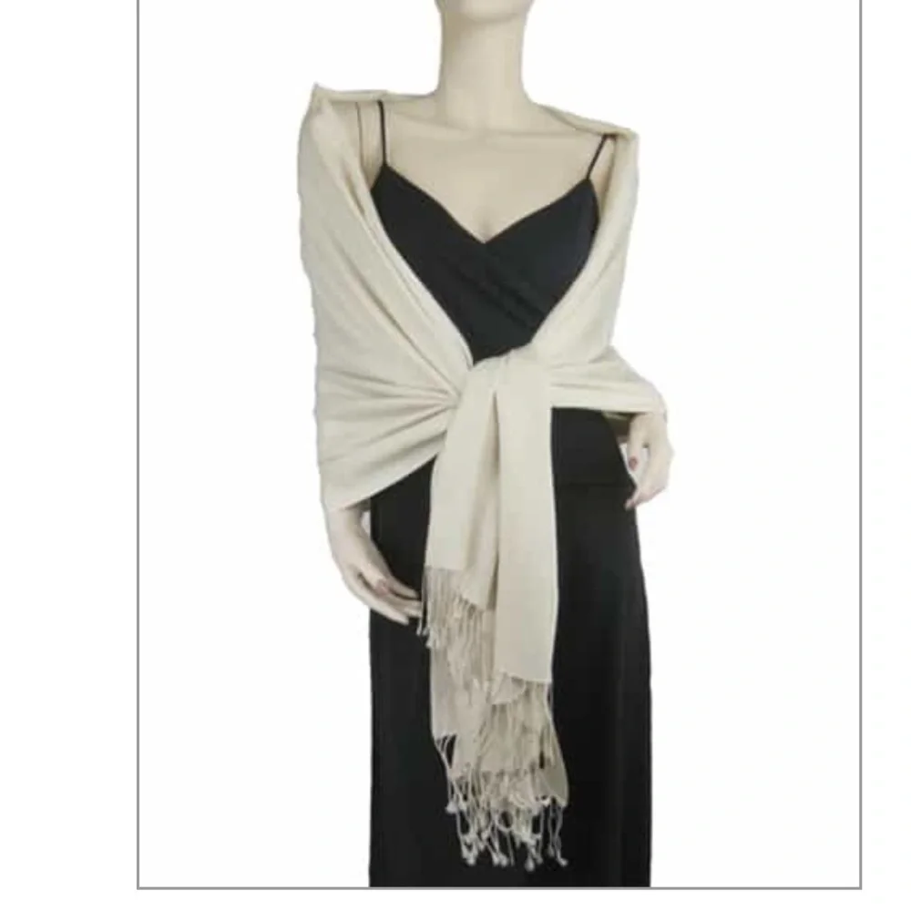 Jeolay Luxury Cashmere-Silk Blend Wrap Scarf Shawl - Soft Beige Fringe ends